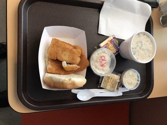 Flounder sandwich and clam chowder