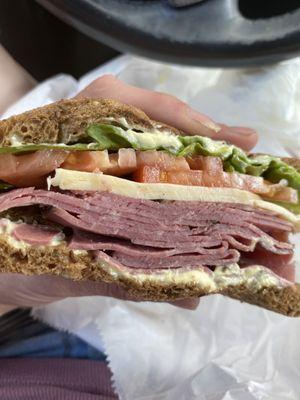 Pastrami sandwich with danish havarti