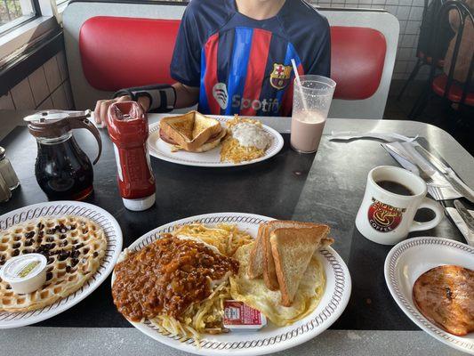 Chocolate chip waffles,  City Ham, Allstar special, Texas breakfast melt.