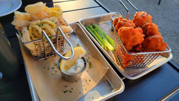 Calamari and rock shrimp on left,  Buffalo cauliflower on right