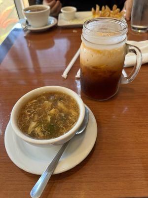 egg drop hot and sour soup & and a thai iced tea