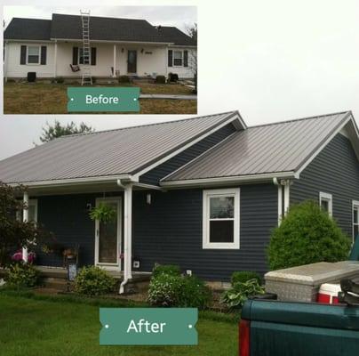 Hail damage vinyl siding and roof replace with new vinyl siding and metal roof done by Ace Construction & Remodeling