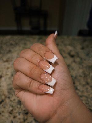 French tip acrylic nails with pearl designs