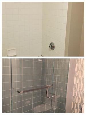 Glass tile tub to shower conversion with decorative glass and stone tile wall