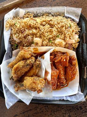 Lemon Pepper & Spicy Honey Garlic Wings with Shrimp Fried Rice