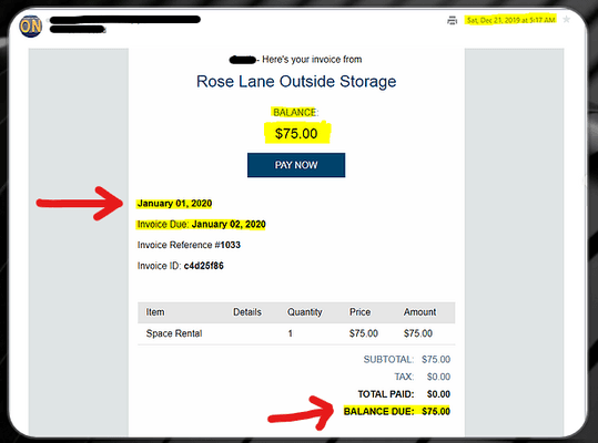 January BALANCE DUE $75. Trailer was towed  1-7-20 and LW's / RLOS tried to scam $300 on top of keeping my deposit + $500 in tow fees!!!