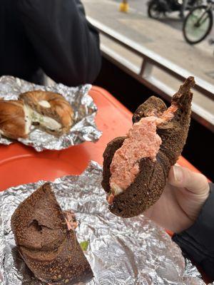 Cinnamon raisin w Scallion Cream Cheese and pumpernickel w Scallion Lox Spread