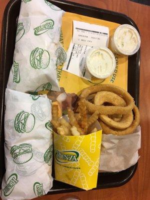 Original Runza Sandwich with Frings and medium Crinkle Cut Fries. DON'T FORGET THE RANCH DRESSING!