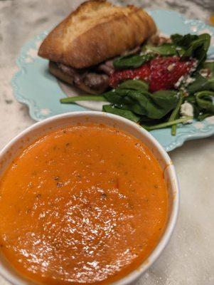 1/2 French dip perfection, Spinach Strawberry Feta salad and the rich fantastic Tomato Basil Soup