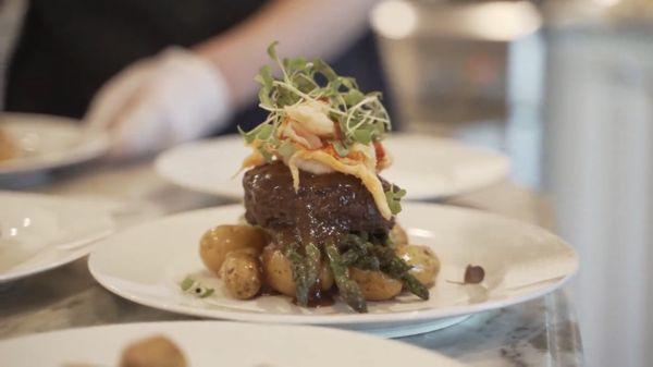 Filet and Lobster with Roasted Potatoes and Asparagus