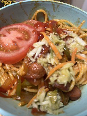 Haitian spaghetti (homemade) with Pierre ToGo pikliz!