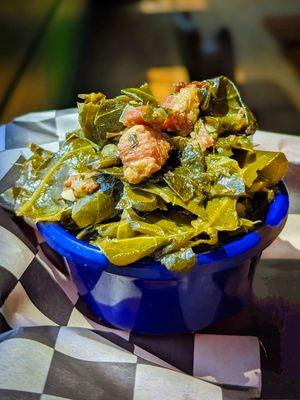 Southern Braised Greens stewed in Virginia Ham and house-made local sausage. Get it at lunch or with our famous fried chicken dinner!