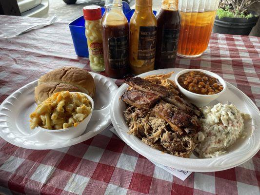 Combo platter, ribs, pulled chicken, pulled pork, baked beans, coleslaw, Mac and cheese