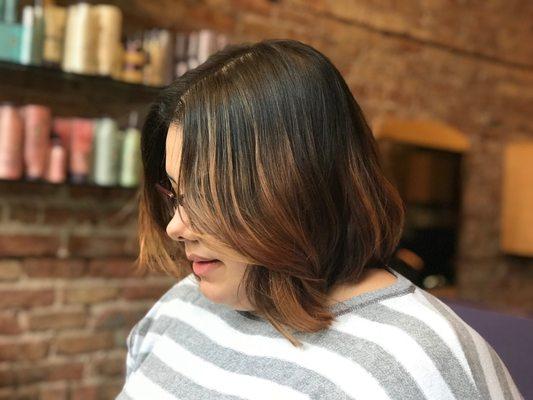 cut and color done by stylist mely