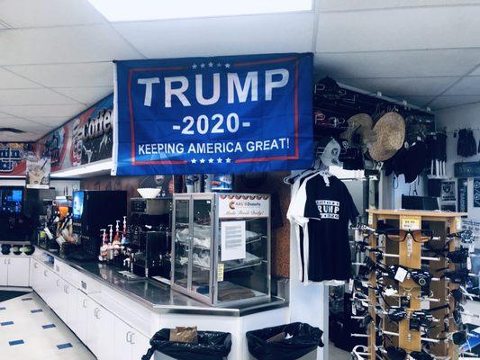 Inside the expansive gas station Rebel convenience store is a prominent Trump display!