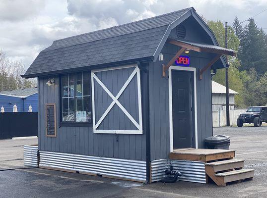 Our little Barista Barn sits in Jarboe's parking lot. We have a lot of room for larger trucks and trailers to come on through.