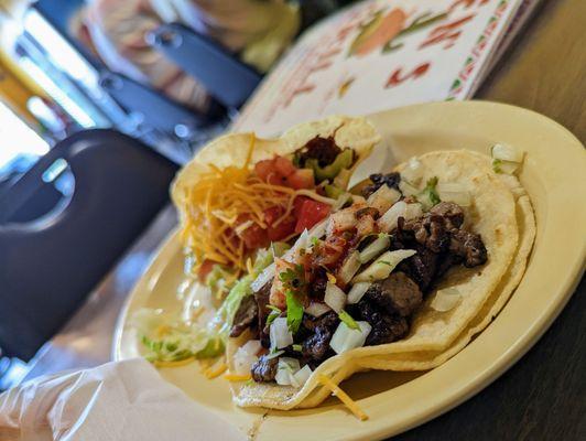 Shredded beef and carne asada tacos