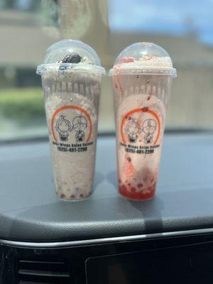 Left- Oreo shake w/strawberry popping boba. Right- strawberry horchata w/strawberry popping boba. Yum!