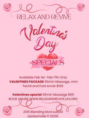 Valentines specials. Book online. www.Relaxandrevivejax.org