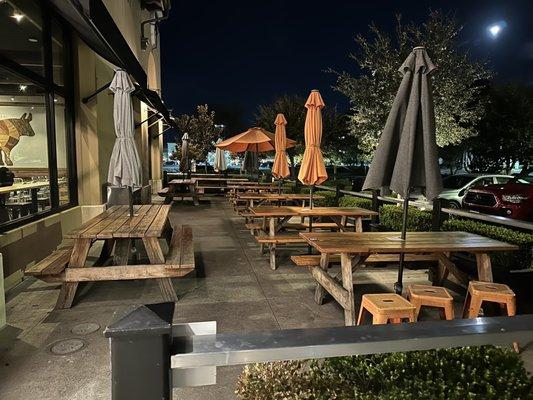 Outdoor dining area at night