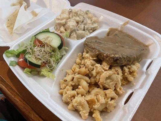 Country fried steak, Mac and cheese, potato salad and greens