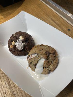 (LEFT) - Cookies and Cream cookie infused with Oreo buttercream. 

(RIGHT) - Campfire cookie infused with marshmallow cream.