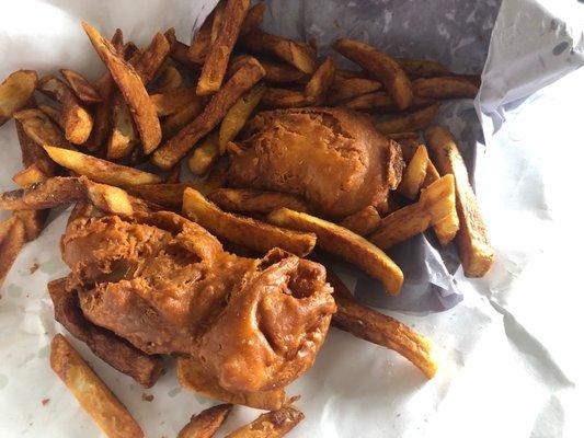 Large order of fish and chips is ~one-half pound.