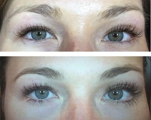 Dark brown classic lash extensions plus lower lash extensions and a brow tint.