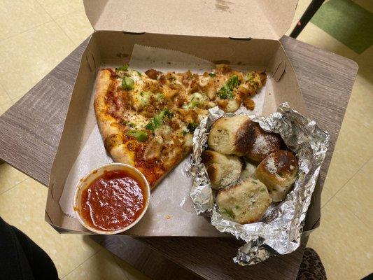 Chicken &  Broccoli slice with garlic knots