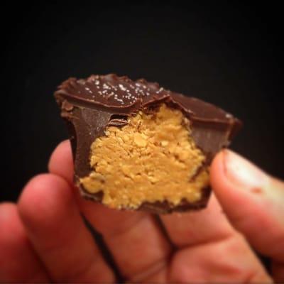 NEW! PB Cups made of just three ingredient: homemade peanut butter, chocolate, and sea salt.