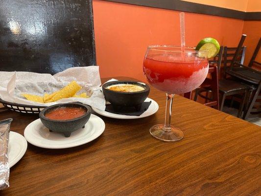 Chips. Salsa. Fundido dip. Strawberry margarita