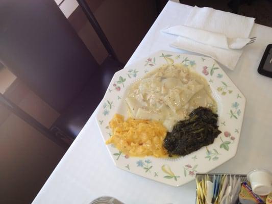 Chicken & Dumplings, Potato Casserole, & Turnip Greens.