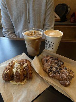 bacon swiss croissant, chocolate hazelnut croissant, vanilla latte, latte