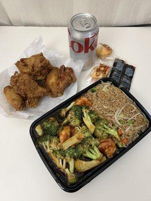 Shrimp & Broccoli with Garlic Sauce (~$12) with vegetable fried rice (+$1) & Chicken Wings (~$9)