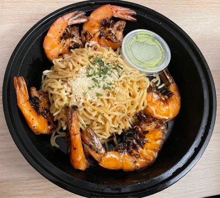 Garlic noodles with grilled shrimp