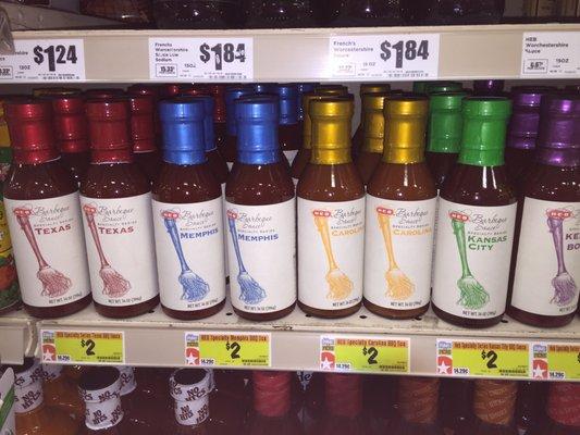 5 varieties of HEB brand BBQ sauce. We loves em all! A few cents higher at Central Mkt?!? Why?!?