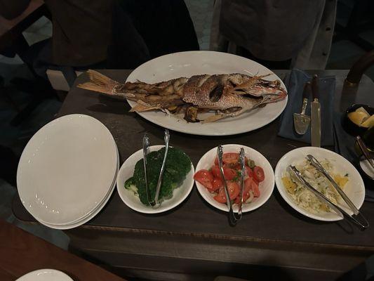 Ridiculously dry whole roasted "pink snapper" with sides that weren't very delectable