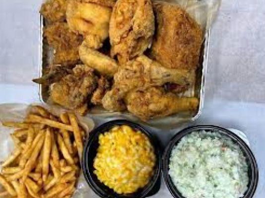 French Fries, mac and cheese, Cole slaw and fried chicken. Dig in.