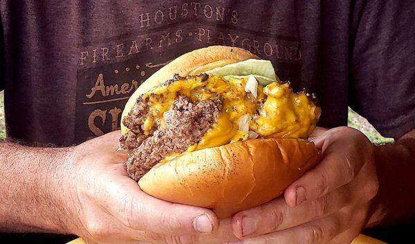 Double-double, busting outta the butter-kissed griddle-toasted bun. Ate this monster for lunch, wasn't hungry for dinner... WILL BE BACK.