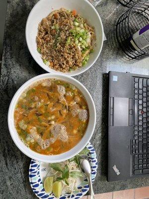 Hot beef Pho and fried rice.   Yum!