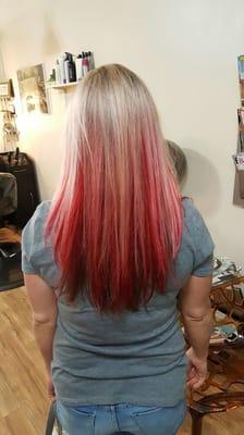 Blond highlights with cherry/red inlay and chocolate on the bottom. Cherry sundae with whipped  Ream on top.