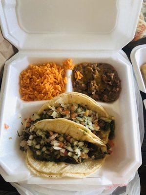 Combo #8 2 Carne Asada Tacos with side of rice and beans