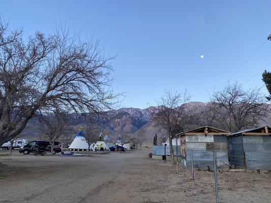 Campground in the morning.  Look at that cool camper van named Buzz!