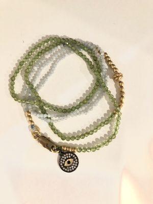 Peridot and Aquamarine wrap bracelet with Evil eye charm