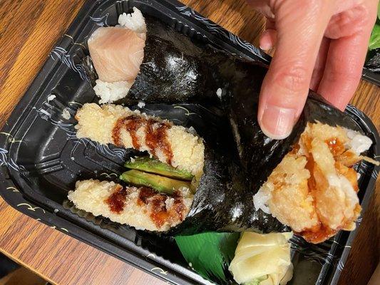 Hand Rolls: White tuna, Salmon Tempura, Shrimp Tempura & avocado