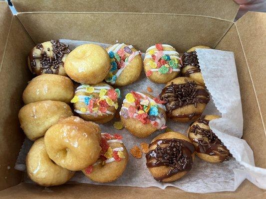 Vanilla glazed, fruity pebbles + chocolate sprinkles