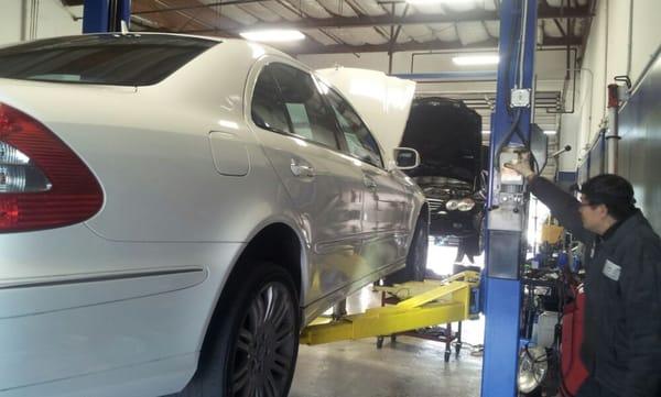 My Mercedes E350 during service with Johann himself!! Ohhh shhhii-.. .