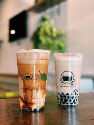 Brown Sugar Milk Tea w/Egg Pudding & Lavendar Milk Tea w/Boba