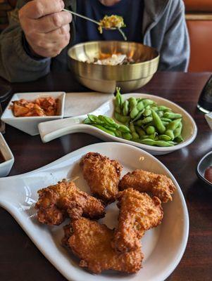 Original wings (great!), edamame and bibimbap