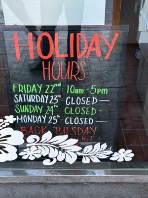 Holiday hours on December 23rd